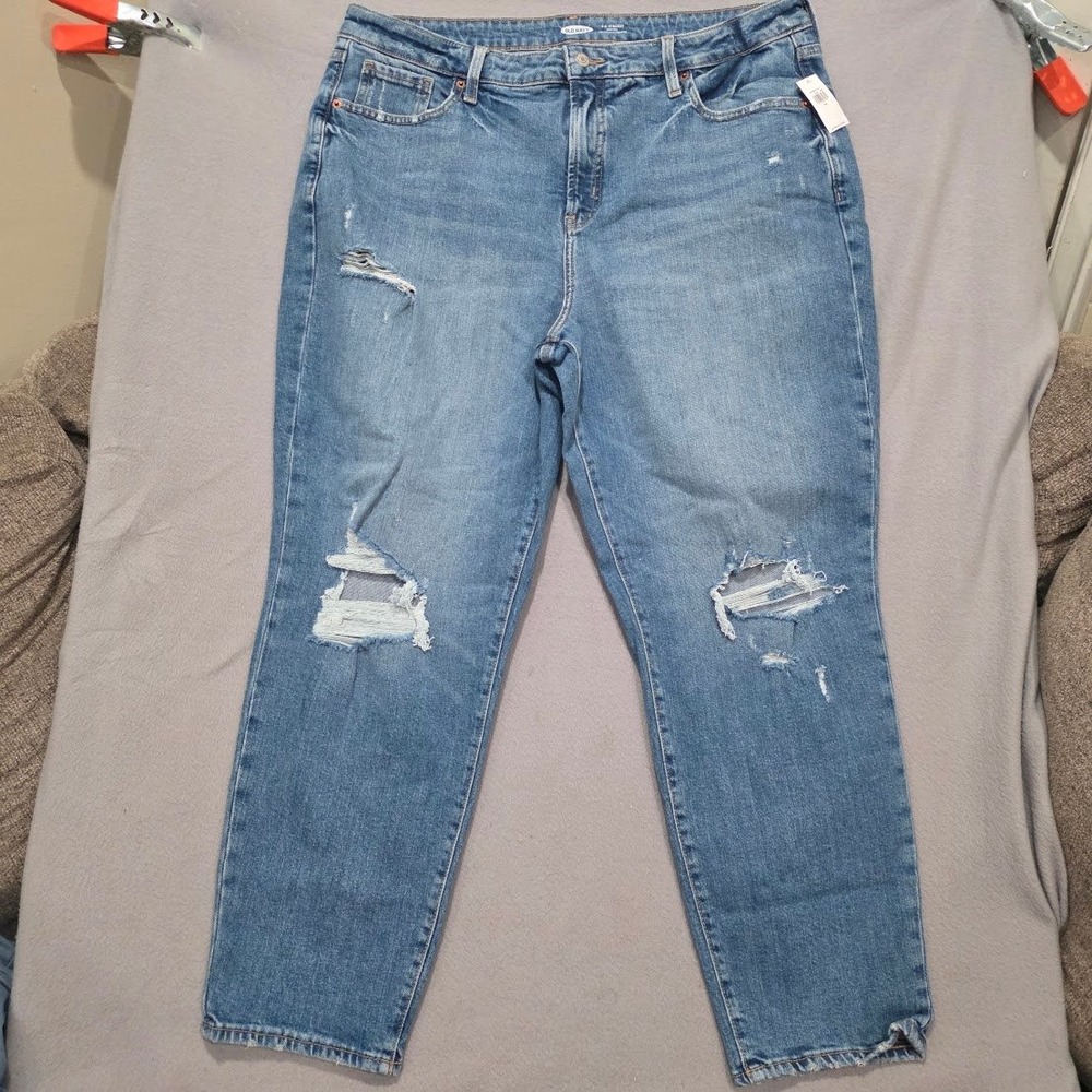 Old Navy OG Straight High Rise Distressed Jeans Womens 18 Ripped Medium Wash NEW